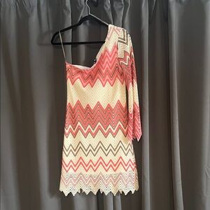 Windsor One-Shoulder Chevron Dress in Pink and Cream
